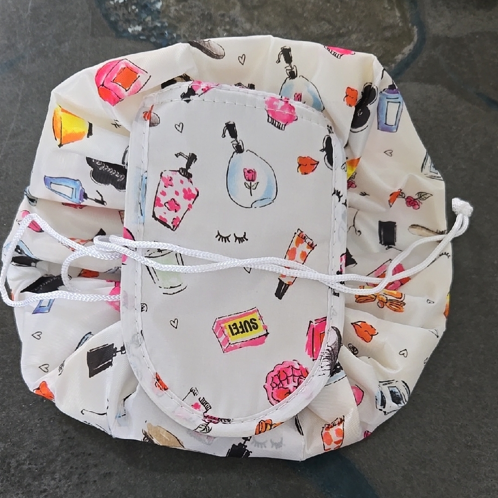 Drawstring Cosmetic Bag - White with Multicolor Print